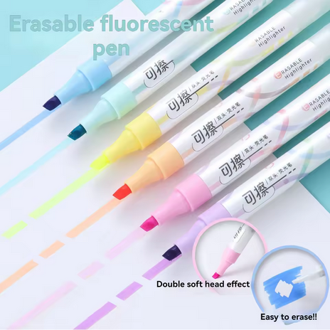 Erasable Highlighters Pastel Markers Dual Tip Fluorescent Pen 6pcs