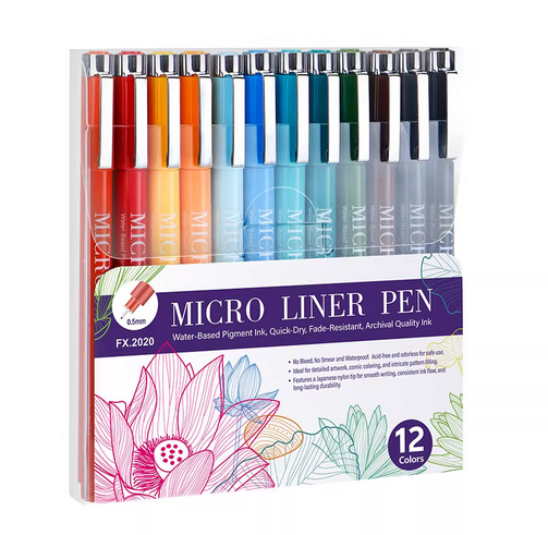 12colors micron needle pens quick dry ink 0.5mm hook fineliner pen for handbook writing drawing sketch colouring art stationery