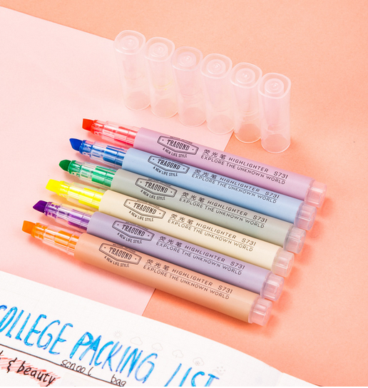 6 Colors Pastel Highlighter Pen Set Fluorescent Marker Aesthetic Study Highlighters for Students