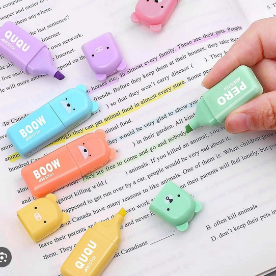 6 Pcs Mini Highlighter Pen Set Cute Cartoon Pastel Markers Aesthetic Highlighters for School & Office