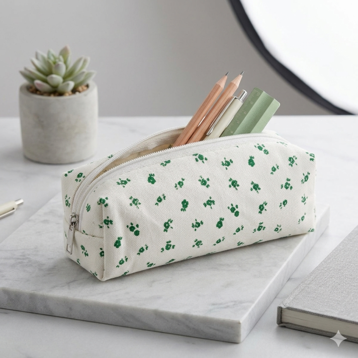 Green Floral Bow Pencil Case – Aesthetic Canvas Makeup Bag and Large Capacity Student Stationery Pouch