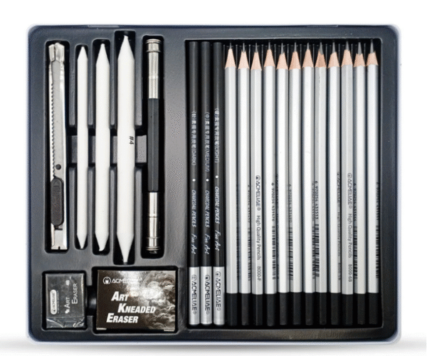 acmeliae premium 22pcs & 33 pcs sketching and drawing pencil set with charcoal, erasers, and blending tools with flat tin case