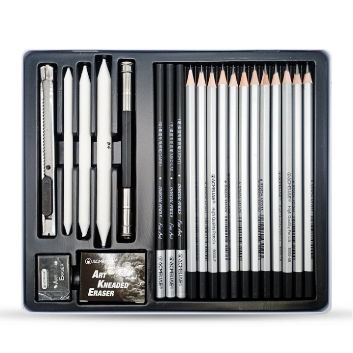 acmeliae premium 22pcs & 33 pcs sketching and drawing pencil set with charcoal, erasers, and blending tools with flat tin case