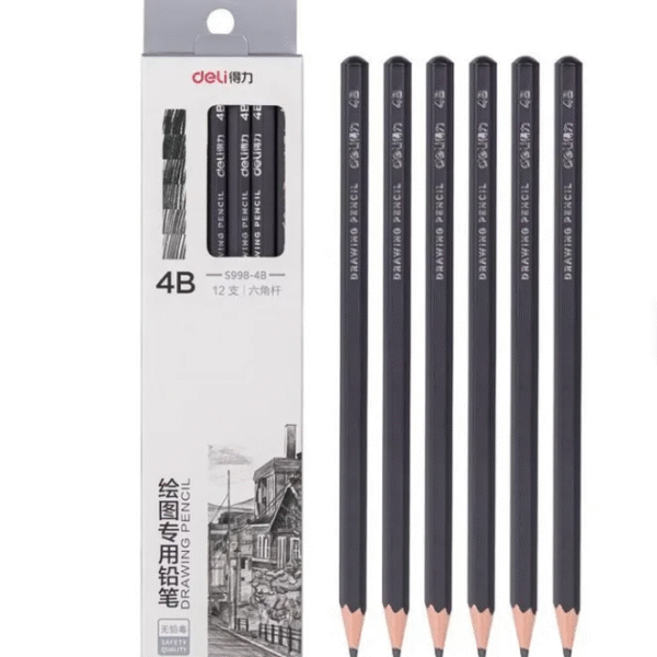 Deli S998 4B Drawing Pencil Pack of 12 Black Sketch & Charcoal Pencils for Artists
