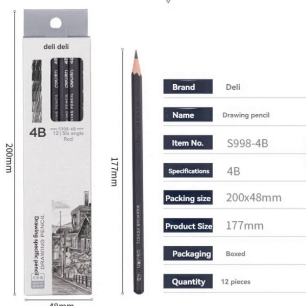 Deli S998 4B Drawing Pencil Pack of 12 Black Sketch & Charcoal Pencils for Artists