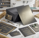 A stack of premium A4 metallic cardstock sheets showcasing a dual-color pack: half is Shimmering Ice Gold with a radiant, pearlescent gold sheen, and the other half is elegant Deep Black Metallic infused with subtle silver dust accents.