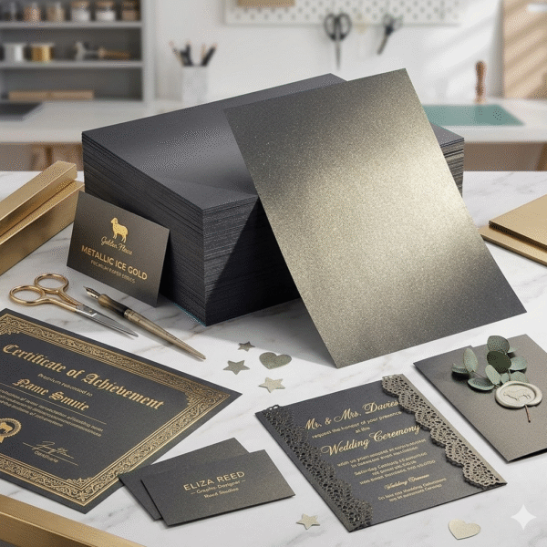 A stack of premium A4 metallic cardstock sheets showcasing a dual-color pack: half is Shimmering Ice Gold with a radiant, pearlescent gold sheen, and the other half is elegant Deep Black Metallic infused with subtle silver dust accents.