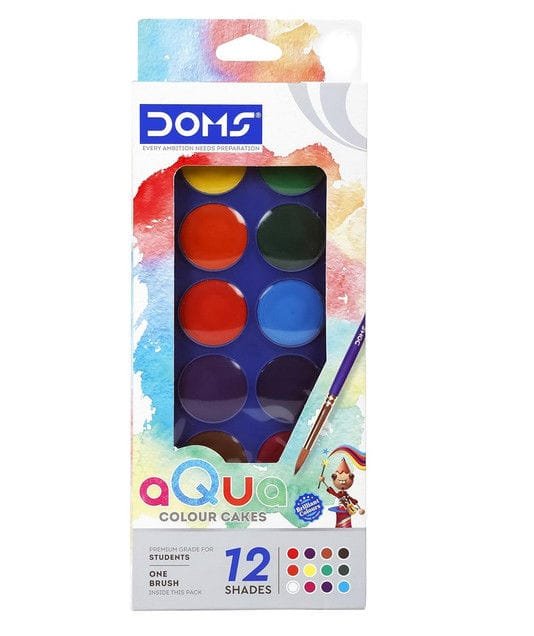 doms 12 shades 23mm water colour cakes , easy to use palette lid organic rich colour pigments | free brush inside non toxic & safe for kids
