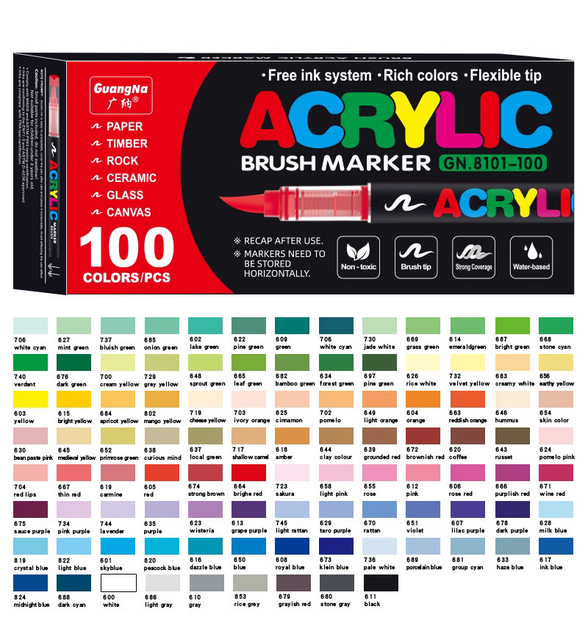 guangna acrylic paint markers brush tip, vivid colors with direct liquid ink system, professional grade paint pen for rock painting, canvas, glass, plastic, fabric & creative crafts