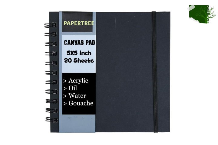 Papertree Canvas Pad Black Cover Spiral Bound 5x5 Inch 20 Sheets Canvas Texture Paper Pad for Acrylic, Oil & Mixed Media Art