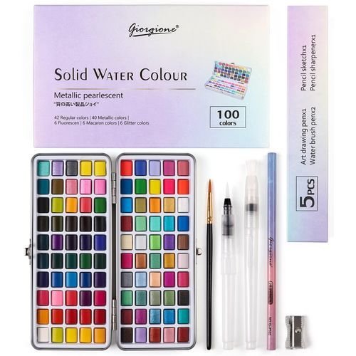 Giorgione G-ZG 100 Colors Metallic Pearlescent Solid Watercolor Paint Set with Water Brush & Metal Box