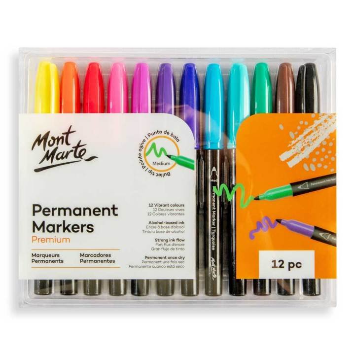 Mont Marte Permanent Markers 12 Piece Set Multi-Surface Waterproof Marker Pens for Writing, Labeling & Creative Projects