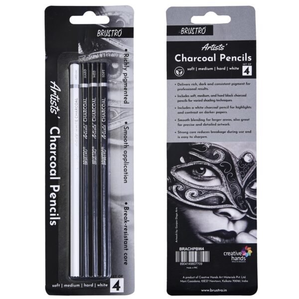 BRUSTRO Artists Charcoal Pencil Set of 4 | Black & White Charcoal Pencils for Drawing and Sketching
