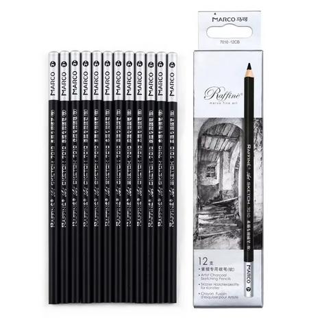 Marco Hard Charcoal Pencil Set 12 Pcs Professional Drawing and Sketching Pencils