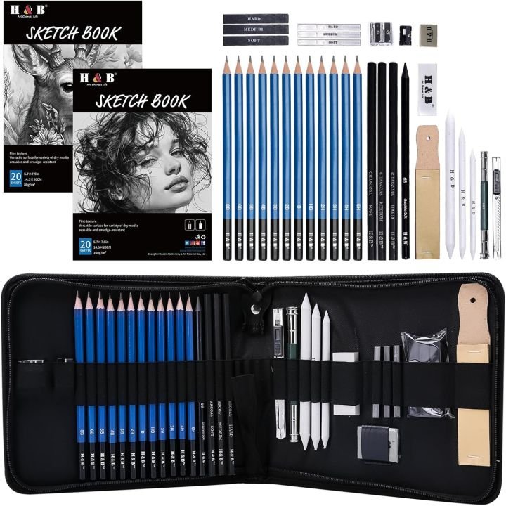 H & B 40PCS Professional Sketch Drawing Kit | Complete Artist Pencil Set with Graphite & Pastels
