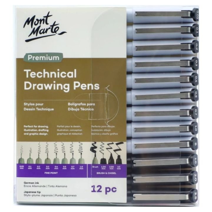 Mont Marte Technical Drawing Pens Fine Liner Pen Set 12 Pieces Professional Sketching Illustration and Writing Pens