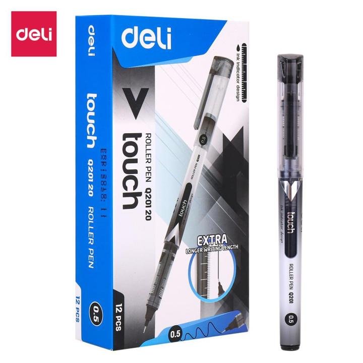 Deli EQ20120 Roller Pen Black Pack of 12 | Smooth Writing Rollerball Pens