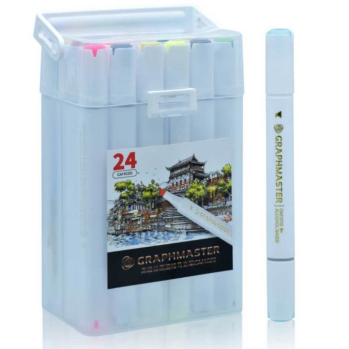 Graphmaster Alcohol Marker Chisel and Fine Tip Pack of 24 Professional Dual Tip Art Markers for Sketching Illustration and Design