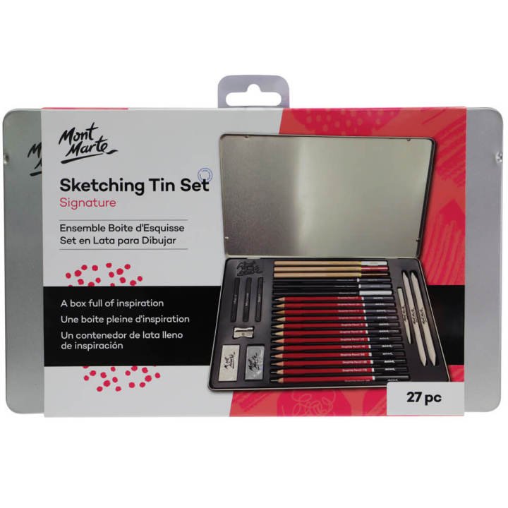 Mont Marte Sketching Tin Set 27pc | Complete Drawing & Sketching Art Set in Metal Tin Case