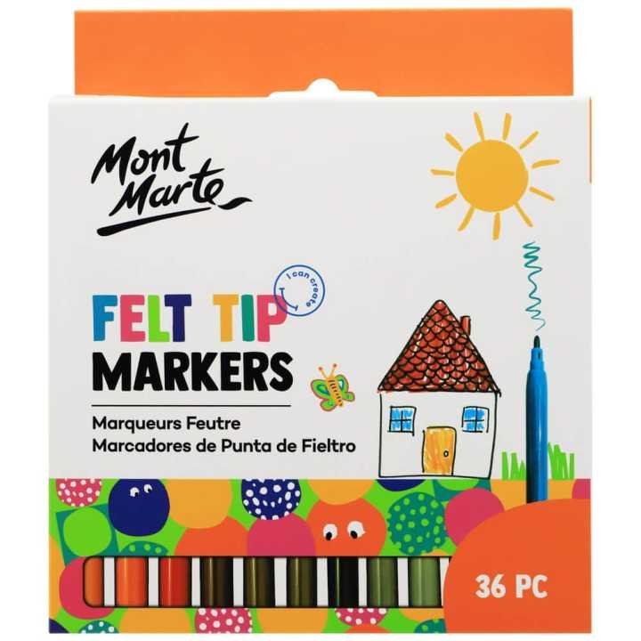 Mont Marte Kids Felt Tip Markers 36pc Basic | Washable Coloring Marker Pens for Kids Drawing & School Projects