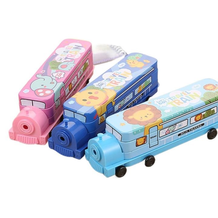 Children's Multifunctional Bus Train Metal Pencil Box Random Design | Durable Metal Pencil Case for School & Office
