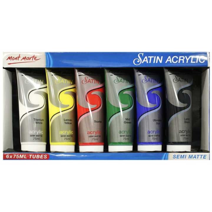 Mont Marte Satin Acrylic Paint Set 6pc x 75ml PMSS0001 | Semi Matte Acrylic Colours for Canvas, Craft & Art Projects
