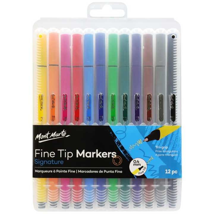 Mont Marte Fine Tip Marker Set 12 Piece Tri Grip Markers in Case for Drawing, Illustration, Writing & Coloring