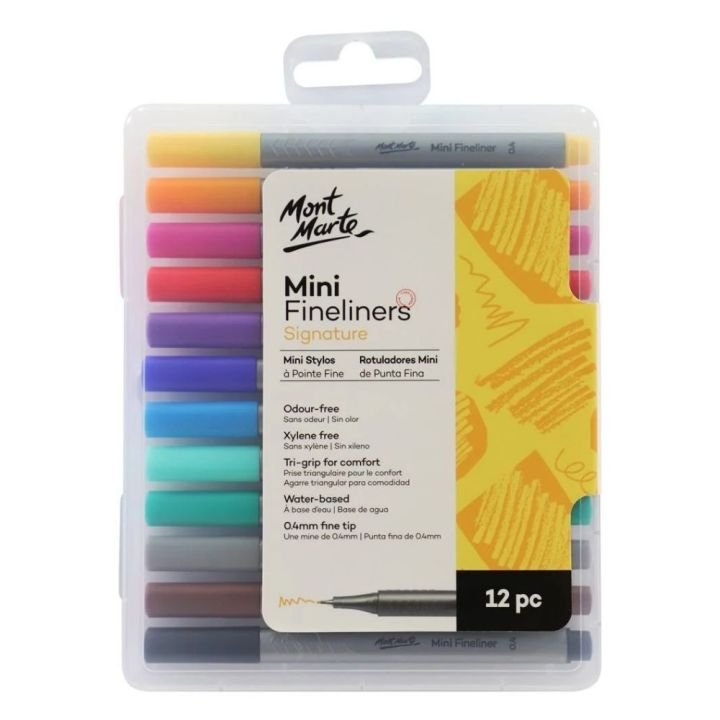 Mont Marte Mini Fineliner Marker Pen Set 12pc Fine Tip Colored Pens for Drawing, Illustration, Journaling, and Creative Projects