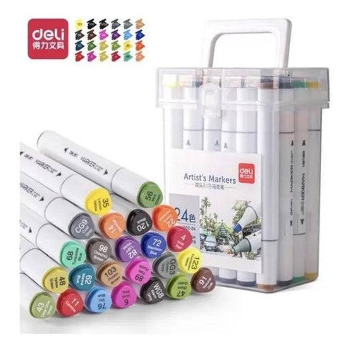 Deli 70803-24 Dual Tip Sketch Marker Set 24 Colors Professional Art Markers for Drawing and Illustration
