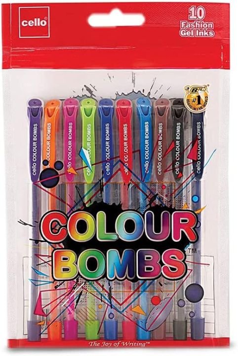 Cello Colour Bombs Colored Ink Gel Pens Pack of 10 Vivid Color Gel Pens for Art, Journaling, Project Work, and Presentations