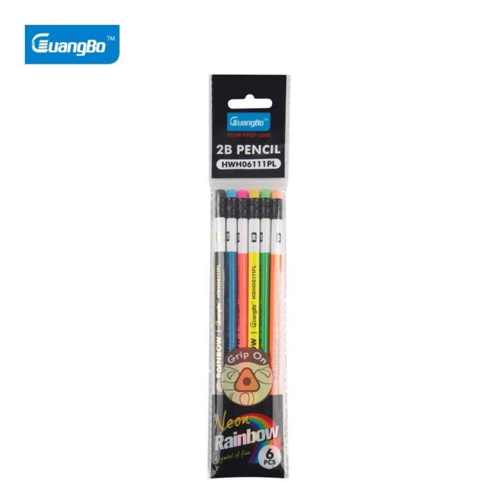 Guangbo Neon 2B Pencil 6 PCS Black Premium Graphite Pencils for Writing Drawing Sketching and School Use