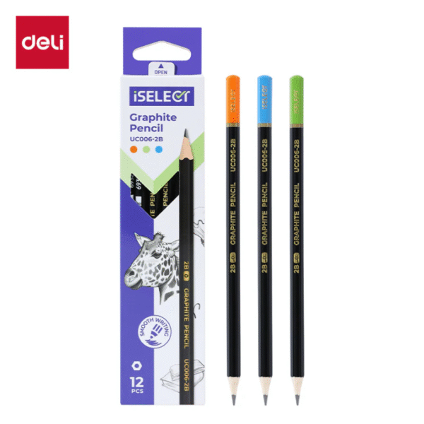 deli, iselect, c006-2b, graphite, pencil, 2b, smudge-free, hexagonal, barrel, stationery, writing, sketching, drawing, school supplies, office supplies, break-resistant, ergonomic grip, dark lead, shading, exam pencil