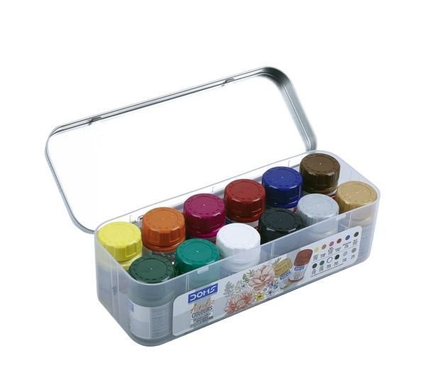 DOMS Acrylic Paints Set with Iron Box 12 Shades x 15ml | Artist Acrylic Color Kit