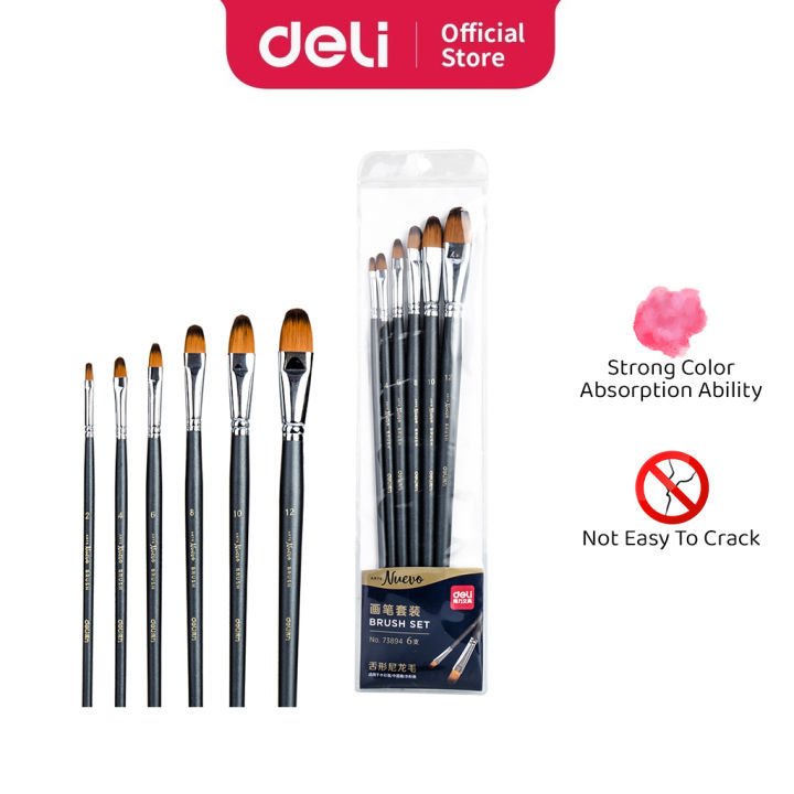 DELI 73894 Nuevo Flat Brush Set 6's Professional Flat Paint Brush Set for Acrylic Watercolor and Art Painting