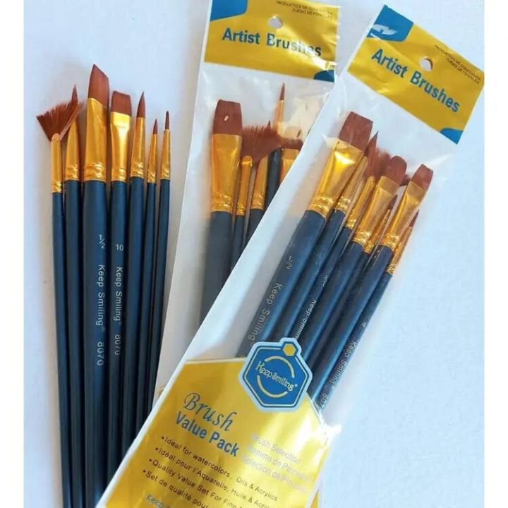 Keep Smiling Artist Nylon Hair Brush Set 7 Pieces Mixed Paint Brush Set for Acrylic Watercolor and Gouache Painting