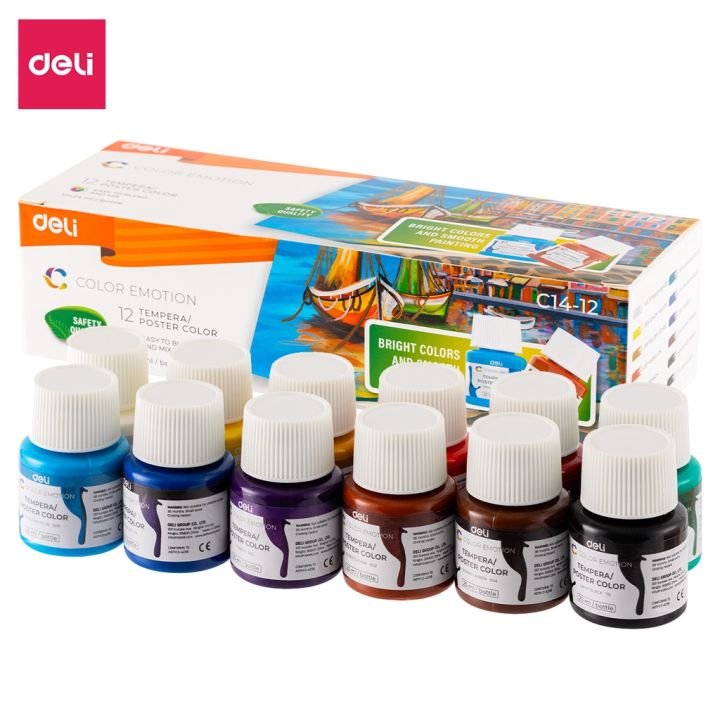Deli EC14-12 Poster Color Paint Set 12 Shades Vibrant Water-Based Colors for Artists and Students