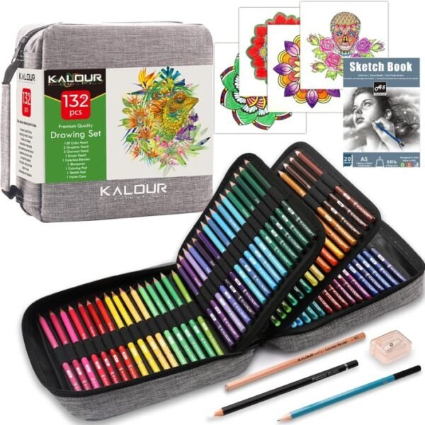 KALOUR 132 Colored Pencils Set,with Adult Coloring Book and Sketch Book,Artists Colorless Blender,Zipper Travel Case,Soft Core,Ideal for Drawing Sketching Shading,Art Supplies for Beginners Kids