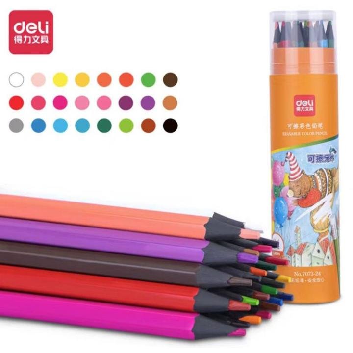 Deli 7073-24 Erasable Color Pencils 24 Colors Set for Drawing, Coloring, Sketching & School Projects