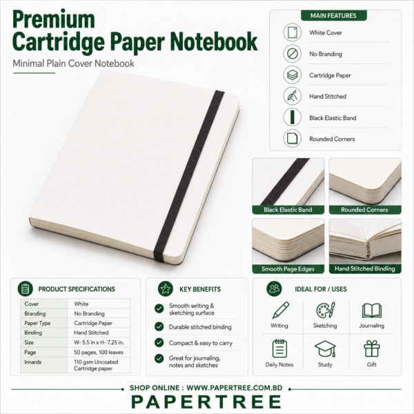 Premium Daily Journal Sketch Book Notebook White Elastic Band (White)