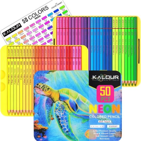 KALOUR 50 Neon Colored Pencils Set | Fluorescent Soft Core Coloring Pencils for Artists