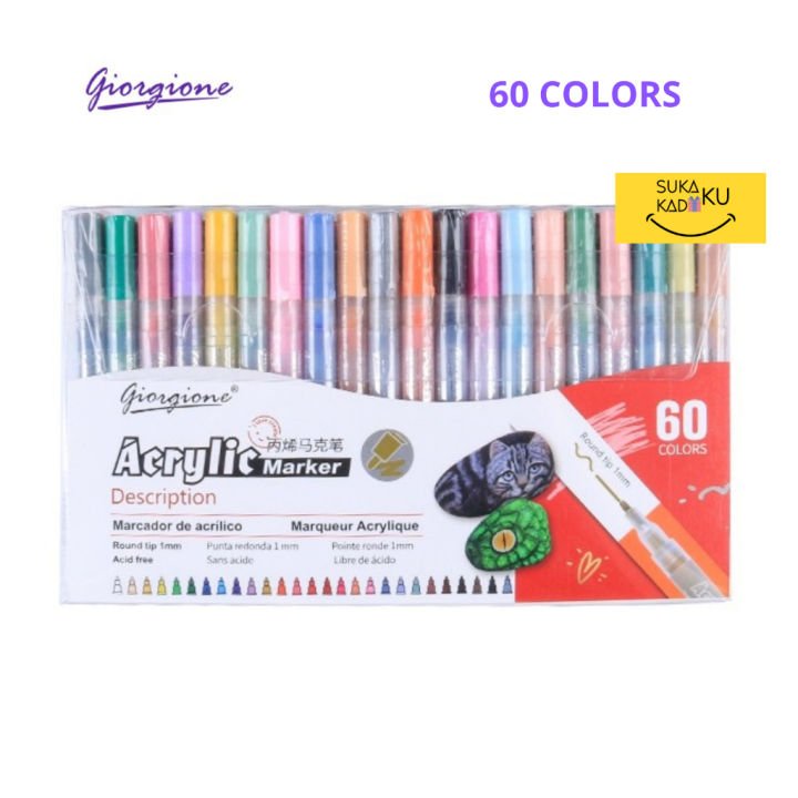 Giorgione Acrylic Marker Pen Set 60 Colors | 1mm Round Tip Fast Dry Acrylic Paint Markers