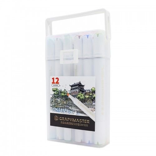 Graphmaster Alcohol Marker Chisel and Fine Tip Pack of 12 Professional Dual Tip Art Markers for Sketching Illustration and Design