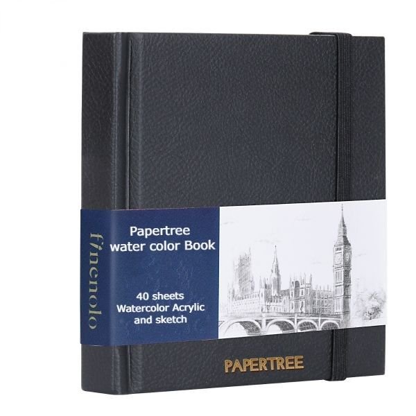 PaperTree Premium Watercolor and Acrylic Pad Black Leather Cover Professional Art Sketchbook for Painting and Drawing