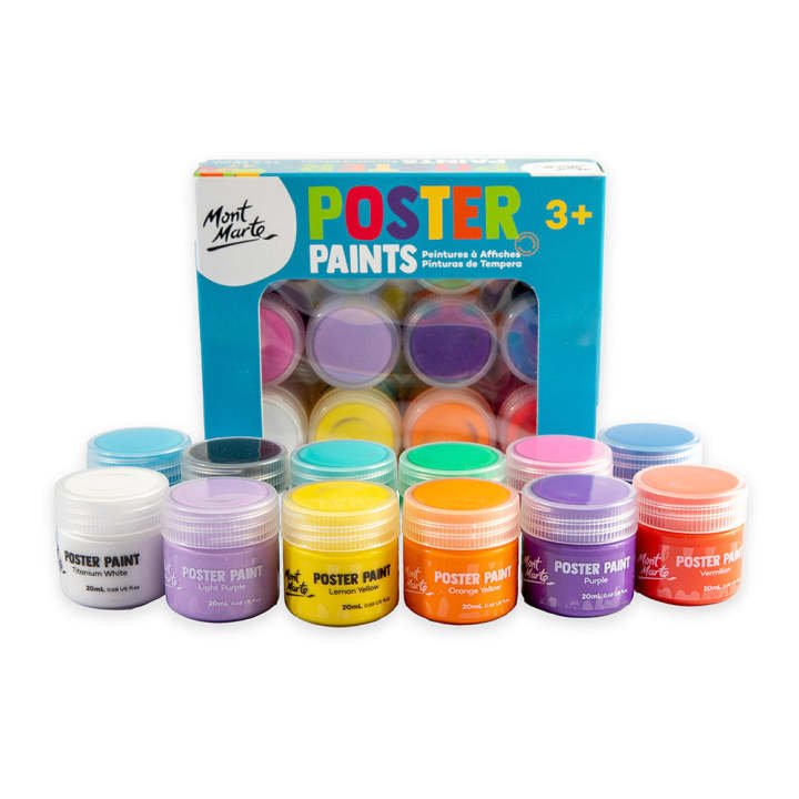 Mont Marte Poster Paint Set 12pc x 20ml | Vibrant Water-Based Poster Colors | Art & School Paint Set
