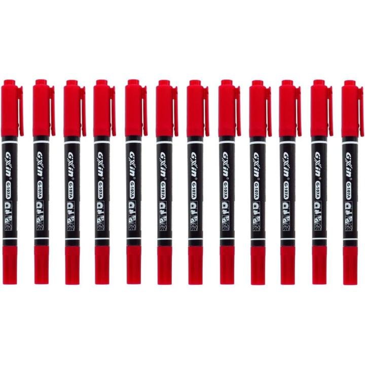 Dual Tip Permanent Marker 12 Pcs Red | Waterproof Permanent Markers | Multi-Purpose Writing Pens