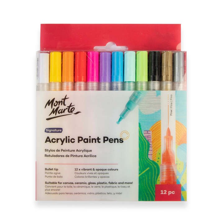 Mont Marte Acrylic Paint Pens Fine Tip 12 Piece Set Multi-Surface Acrylic Paint Markers for Detailing, Art & Crafts