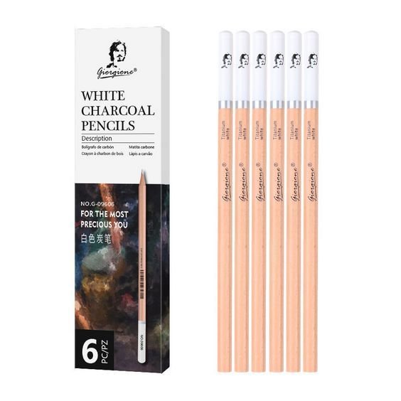 Giorgione 6PCS White Charcoal Pencils Set | Soft 4mm Lead Core for Sketching & Drawing