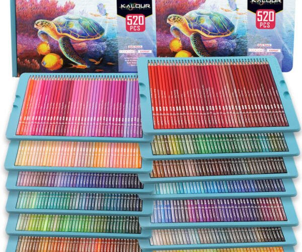 "Open metal storage box filled with 520 colorful Kalour professional artist pencils sorted on plastic trays.