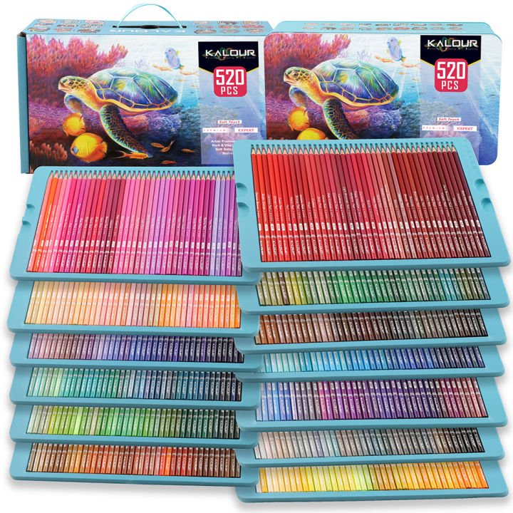 "Open metal storage box filled with 520 colorful Kalour professional artist pencils sorted on plastic trays.