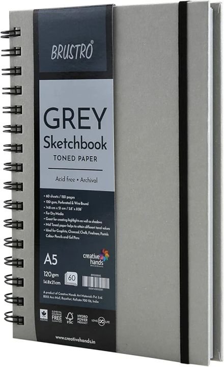 BRUSTRO Grey Toned Paper Sketchbook A5 | 120 GSM, 120 Pages Spiral Bound Drawing Book